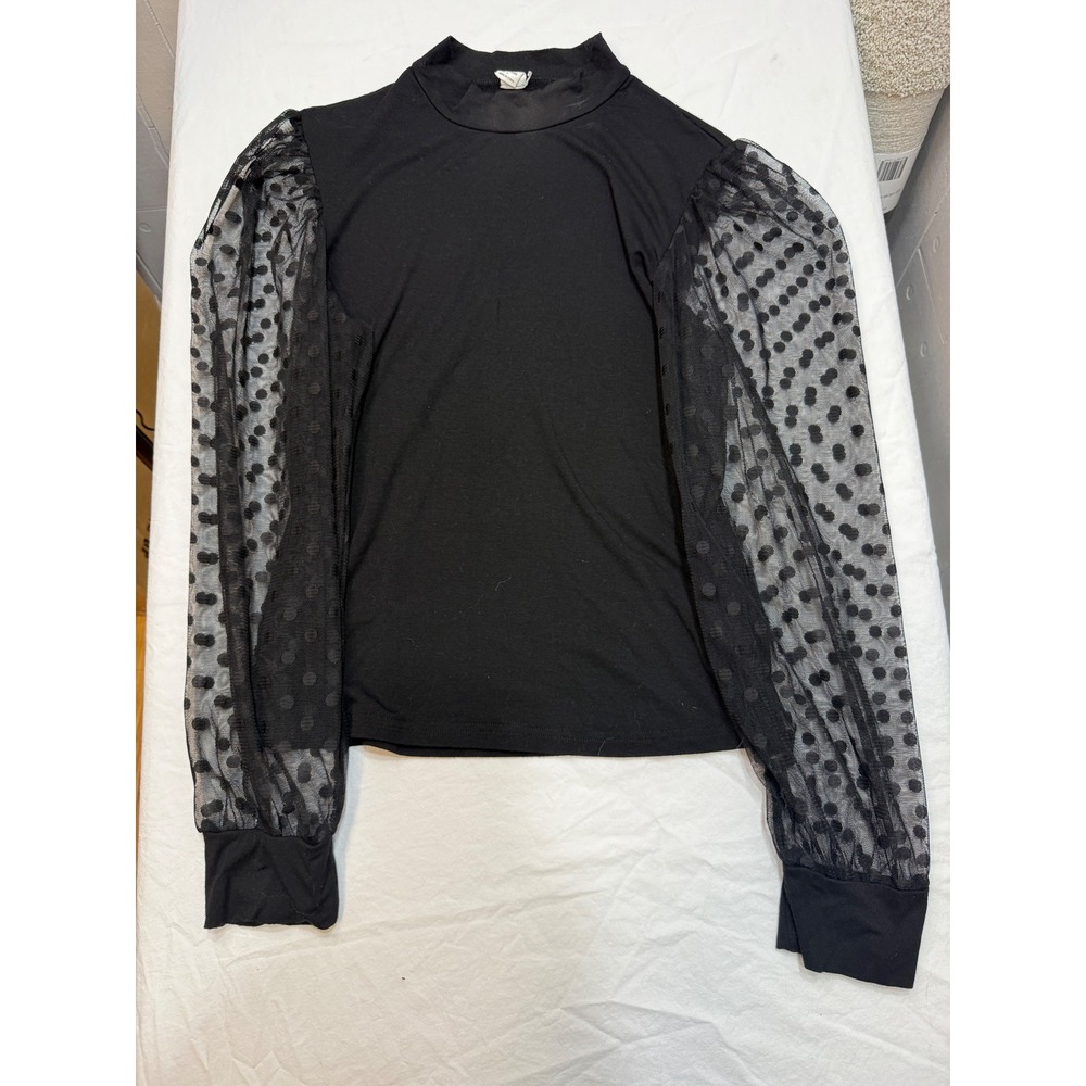 Black Mock‎ Neck Puff Sleeve Polka Dot Mesh Top Women's